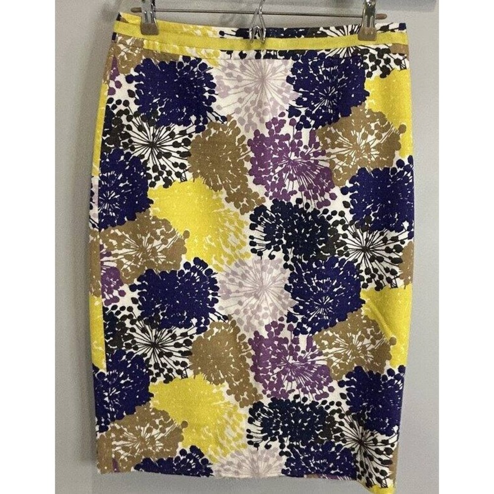 Boden Textured Cotton Pencil Skirt Blue Yellow Ribbon Trim Waist Cotton 8 8L